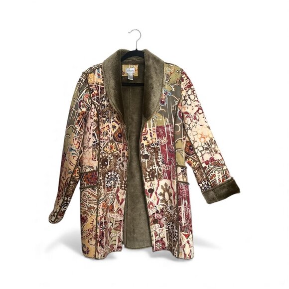 Chico's VINTAGE Boho Art to Wear paisley print faux fur-lined coat jacket - Picture 2 of 11